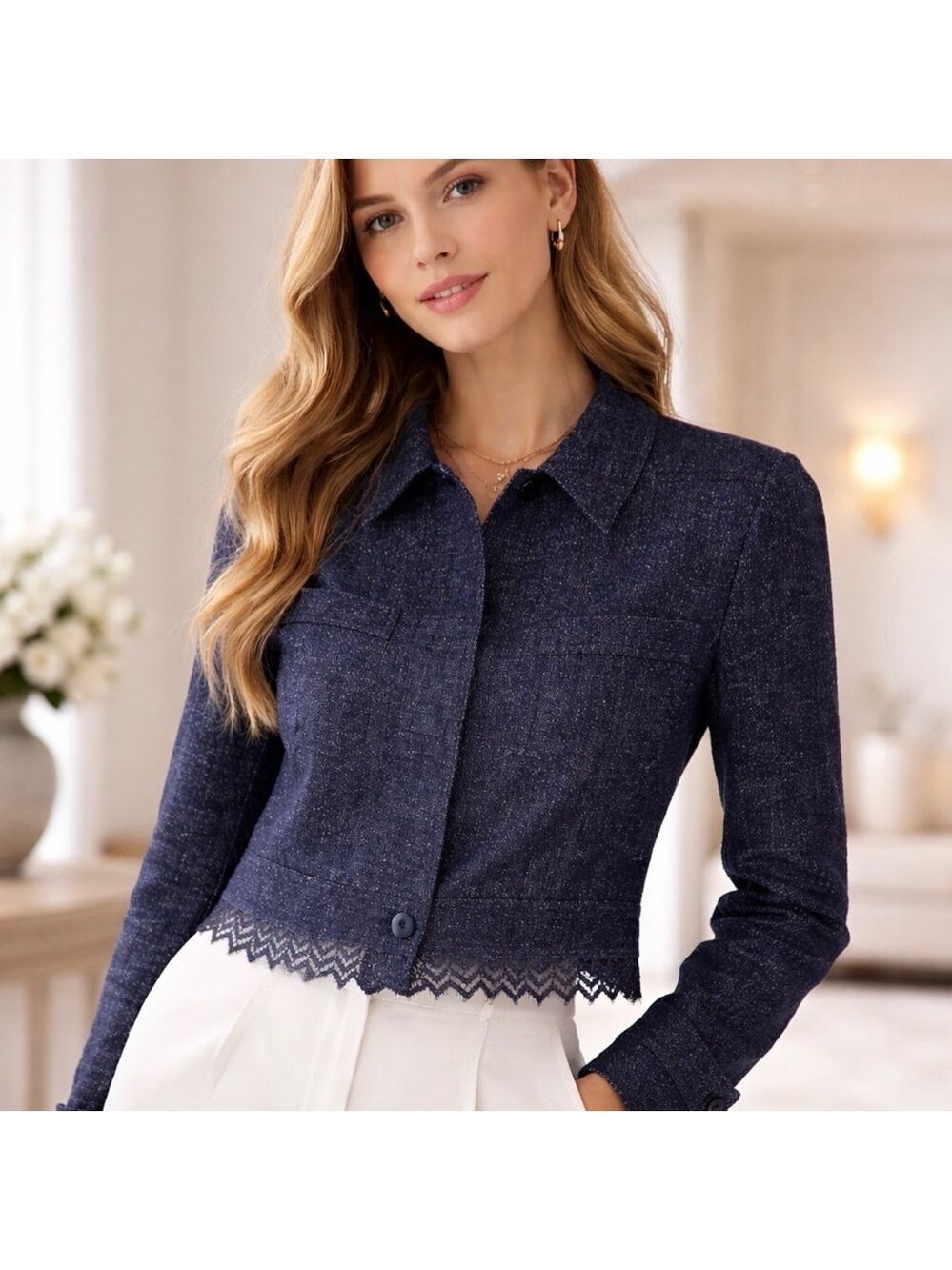 Women's CHANEL Navy Cropped Linen Jacket with Lace Trim Size 38/6